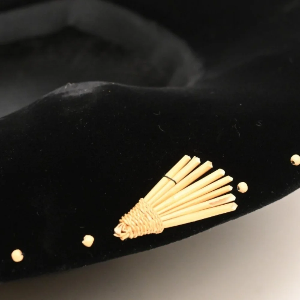 Stephen Anne Custom Black Velvet Straw Hat Wide Brim Gold Tassel Trim